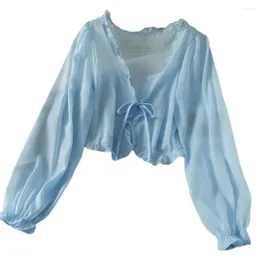 Women's Blouses Women Cardigan Ladies Thin Coat Solid Colour Pleated Bow-knot Blouse Chiffon Anti Sun Shirt For Outdoor