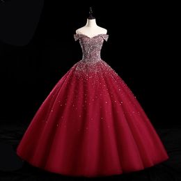 Dark Red Evening Dress Ball Gown Prom Gowns Off Shoulder Sleeveless Shining Sequins Floor Length Runway Party Dresses Real Pictures