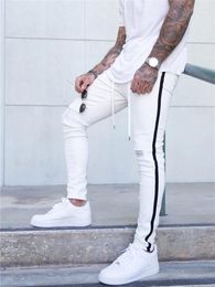 Men's Jeans Tejanos Blancos Hombre Hole Mens White Slim Fit Side Stripe Biker Skinny Men Spijkerbroeken Heren Denim