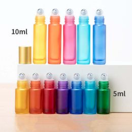 5ml 10ml Glass Frosted Essential Oil Roll On Bottles Colourful Portable Cosmetic Refillable Fragrances Stainless Steel Roller Ball Natural Cap Empty Perfume Bottle
