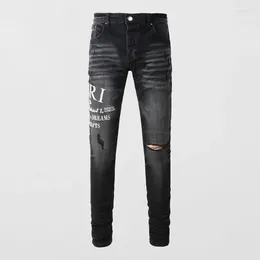 Men's Jeans High Street Fashion Men Retro Black Gray Stretch Skinny Fit Ripped Embroidery Designer Hip Hop Brand Pants