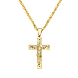 New Stainless Steel Gold Plated Bling Rhinestone Jesus Cross Pendant Necklaces 24 Cuban Chain Fashion Punk Jewelry240k