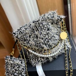 Women Designer 22 Mini Garbage Bag Two-Tone Cotton Fabric with Mini Tassel Decoration Coins Charm Pearl Chain Gold Letters Metal Hardware 20x21cm Shoulder Handbag