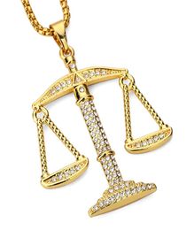 Justice Balance Scales Pendant Necklace Fashion Gold Colour Charm Men Women CZ Stone Rhinestone Crystal Hiphop Jewellery Alloy3359816