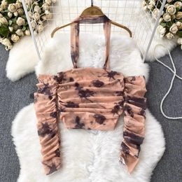 Women's Blouses Neck-mounted Blouse For Women Slash Neck Long Sleeve Tie Dye Skinny Shirts French Chic Autumn Versatile Female Tops Drop