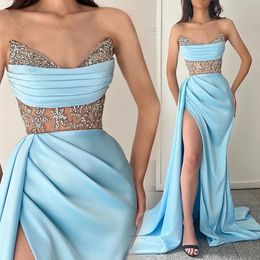 Evening Dresses Crystal Prom Party Gown Formal Pleat Custom Plus Size New Zipper Lace Up Mermaid Sleeveless Sweetheart Satin Thigh-high Slits