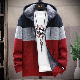 Men's Sweaters 2023 Autumn Korean style Hooded Sweater mens Thick and Velvet Men Cardigan Knitted Coat Stripe Jacket Male M4XL 231011