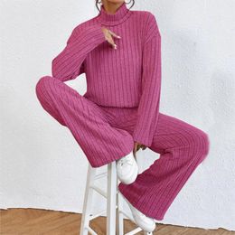 Women's Two Piece Pants Suits Knitted Matching Outfits High Neck Loose Tee And Tracksuit Solid Colour Autumn Sweater Sets