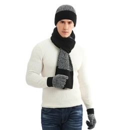 Scarves Men's Autumn Winter Keep Warm Set Unisex Beanie Gloves Scarf Male Woolen Yarn Knitted Muffler Spring Fall Contrast Color Hat 231012