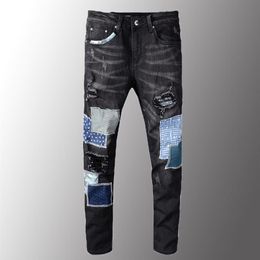 Minglu Mens Jeans Luxury Men's Black Patchwork Ripped Jeans Streetwear Patch Design Stretch Denim Pants Slim Skinny Trousers264m
