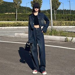 Women's Two Piece Pants 2023 Autumn Denim Jeans Suits Womens Outfits Turndown Collar Button Short Jean Jackets High Waist Wide Leg 2 Suit