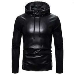 Men's T Shirts 2023 Autumn Long Sleeve Collated Leather T-shirt European Size Casual Solid Hooded Trend