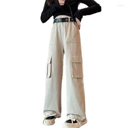 Trousers Teens Girl Vintage Cargo Pants With Free Belt Autumn Fashion Pocket Wide Leg High Waist Kid Retro Casual