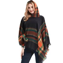 Shawls WeHelloHooded Loose Coat for Women Sleeved Shawl Autumn and Winter Tourism Chequered Poncho Capes Lady 231012