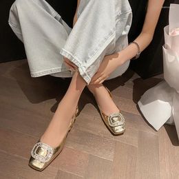 Sandals Summer Square Head Golden Cowhide Women's Buckle Thick Heel Crystal Ribbon Low Silver