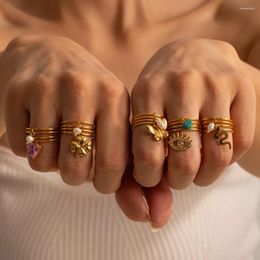Cluster Rings 18K Gold Plated Tarnish-proof Stainless Steel Natural Stone/Freshwater Beads Animal Shaped Pendant Ring Women's Jewelry