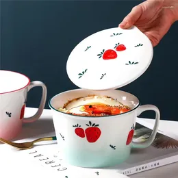 Plates Creative Japanese Hand-painted Ceramic Instant Noodles Bowl With Lid And Handle Large Capacity Student Cup