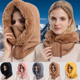 Hats Scarves Sets Winter Knitted Cashmere Fur Hat Mask Set Women Warm Outdoor Ski Windproof Cap Thick Siamese Scarf Collar Thick Plush Hat 231012