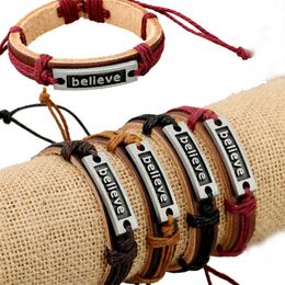 Braided Wrap Leather Identification Bracelets for Men Vintage Believe Charm Ethnic Tribal Wristbands