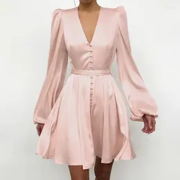 Casual Dresses 2023 Elegant Women Button A-Line Mini Dres Spring Fashion Satin Pink Long Sleeve Dresss Loose V-Neck Party Dress Vestido