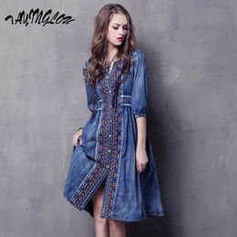 Urban Sexy Dresses 2023 Plus Size Vintage Bohemian Style Loose Denim Dress with Ethnic Embroidery and Drawstring Vestido 6531 231011