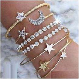 Charm Bracelets 4 Pcs/Set Women Fashion Bohemian Retro Punk Simple Moon Star Heart Crystal Elastic Bracelets Bangles Set Party Jewellery Dhb8S