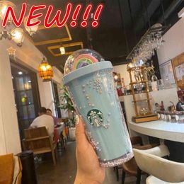 New 450ML Cute Rainbow Starbucks Cup Double Plastic with Straws PET Material for Kids Adult Girlfirend for Gift Products Whole2621