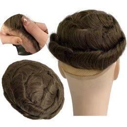 Toupee Knots PU European Virgin Human Hair Replacement #17R 32mm Wave Thin Skin 8x10 Knots PU Toupee for White Men