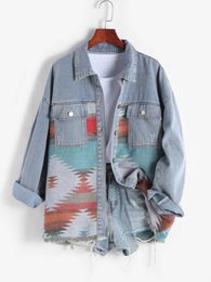 Designer Jacket Women's Jacket Ethnic Aztec Printed Shacket Flap Pocket Long Sleeve Shirt Retro Western Denim Spliced Jacket - Multi-e S