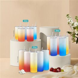 25oz Sublimation tumbler Glass Can Gradient Colour Creative Sequins shape Bottle with Lid and Straw Summer straight Drinkware Juice277O