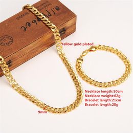 Classics Fashionable Real 18K Yellow Gold Mens Woman Necklace Bracelet Jewellery Sets Solid Curb Chain Abrasion resistant323f