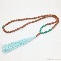 ST0246 Turquoise 108 Mala Beads Necklaces Third Eye Chakra Necklace Bohemian Tassel Necklace Knotted Stone Jewelry308k