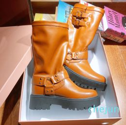 Winter New Women's Mid-calf Boots Knight Leather British Belt Buckle Chunky Heel Thick Bottom Biker Boots Long Boots