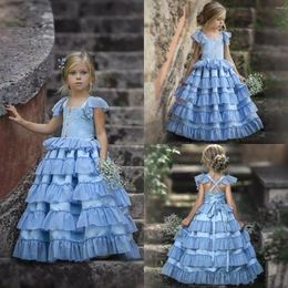 Girl Dresses 2023 Blue Flower Lace Appliqued Ribbon Sleeveless Floor Length Pageant Dress Custom Made First Communion Gowns