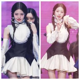 Work Dresses Kpop Girl Group Jang Won Young Sexy White Off-Shoulder Slim Splice Sleeve Dress Women Nightclub Girls Vest Two Piece Set