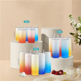 25oz Sublimation tumbler Glass Can Gradient Color Creative Sequins shape Bottle with Lid and Straw Summer straight Drinkware Juice2674