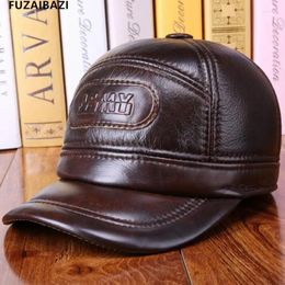 Ball Caps Men Genuine Leather Hat Winter Cowhide Men's Baseball Cap Adjustable Earmuffs Keep Warm Snapback Peaked Gorra 2023