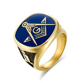 New Masonic Ring Gold Colour Stainless Steel Big Ring for Men Blue Enamel Gift for Brother Friend292s