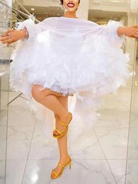 Work Dresses Women Luxury Even Dress White Feathers Ponchos Oversized High Low Tulle With Inner Evening Party Birthday 2 Piece Outfits