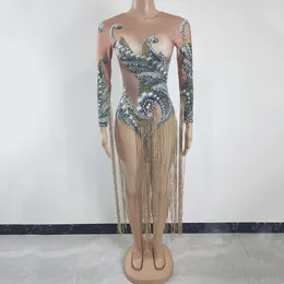 Stage Wear Gold Tassel Crystal Printed Bodysuit Tights Sexy Performance Dance Costume Rhinestones Leotard Nightclub Show Rave Outfit