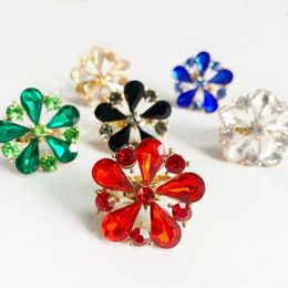 Cluster Rings Fashion Simple Gold Color Deep Green Crystal Glass Flower Rhinestone Adjustable For Women Party Jewelry