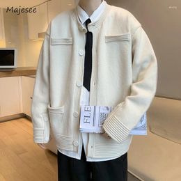 Men's Sweaters Cardigan Men Single Breasted Solid Collarless Autumn All-match Pleated Warm Casual Loose Simple Teenagers Korean Style