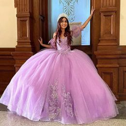 Sparkly Tulle Quinceanera Dresses Ball Gown Puffy Sleeves Lace Sweet 16 Dresses Beaded Floral Dress