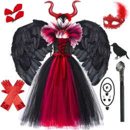 Girl s Dresses Girl Witch Dress Halloween Evil Role Playing Costume Knitted Tulle Tutu Ruffles Carnival Princess Theme Party Frocks 2023 231013