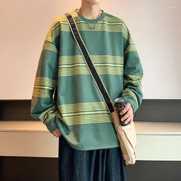 Men's Hoodies Contrast Stripe Suede Sweater Versatile Pullover Elastic Loose Round Neck Top Harajuku Streetwear Vintage Clothing