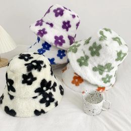 Berets 2023 Plush Flower Bucket Hat Girl Cute Cow Pattern Colourful Hats Soft Thicken Fisherman Cap Winter Warm Windproof Cold-proof