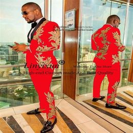 Men's Suits & Blazers Shiny Gold Appliques Red Wedding Groom Tuxedos 2 Pieces Jacket Pants Formal Men Prom Party Blazer Mascu303N