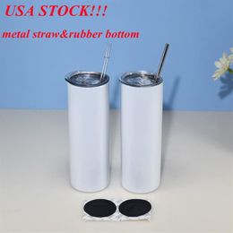 Local warehousesublimation tumbler 20oz straight tumbler with metal straw rubber bottom blank skinny cup stainless steel mug US 251v