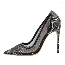 Dress Shoes Summer Mesh Breathable Rhinestone Snake Pattern Pointed Stiletto Sexy Shallow Mouth Plus Size Work Women's Sandals