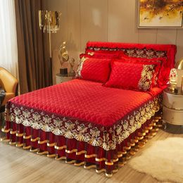 Bed Skirt Luxury Embroidery Thicken Velvet Bedspread Wedding Gifts Bed Sheet Bed Cover Blanket King Queen Double Bed Skirt Pillowcases #/ 231013